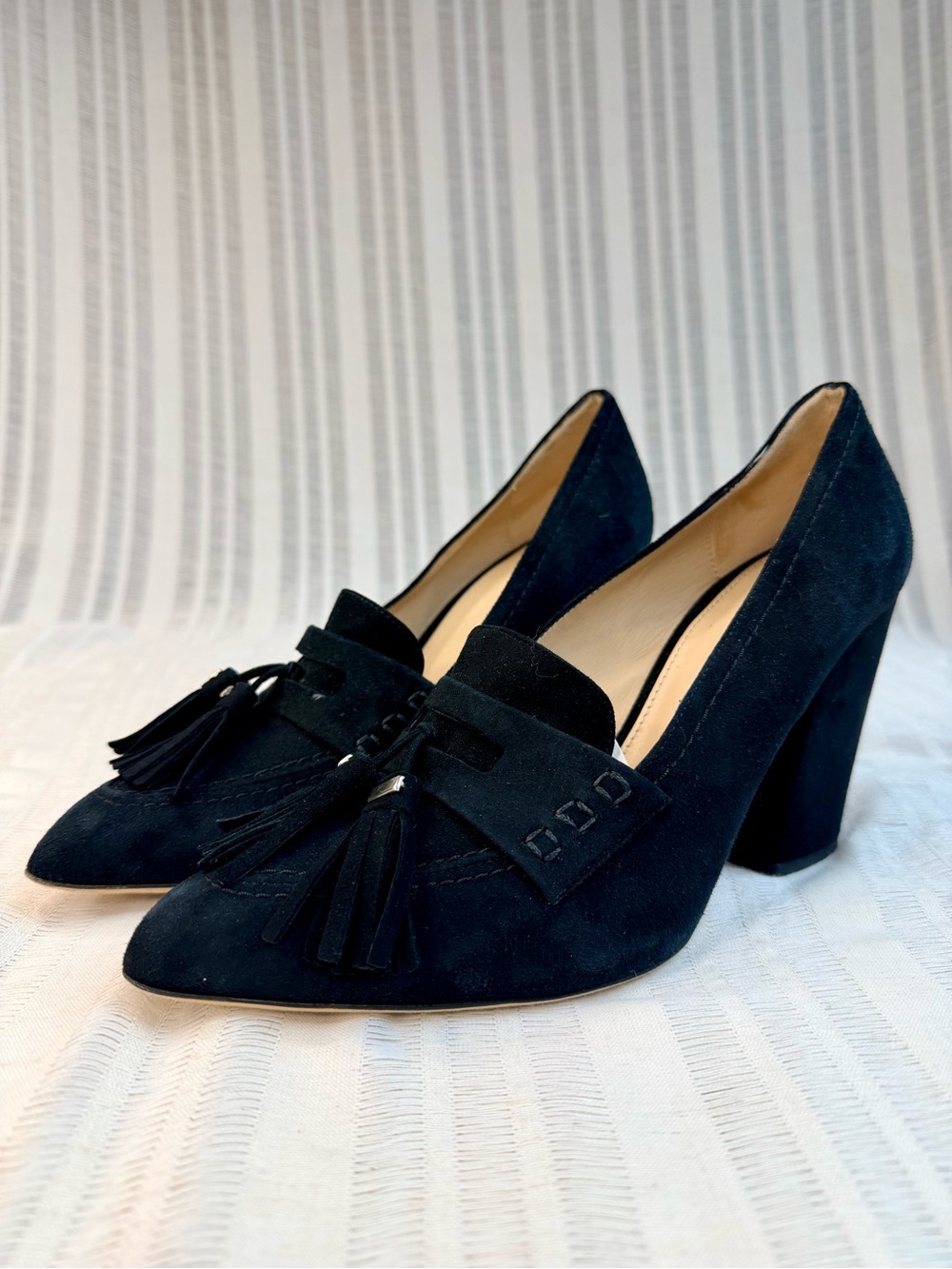 Theory Black Suede Tassel Pumps